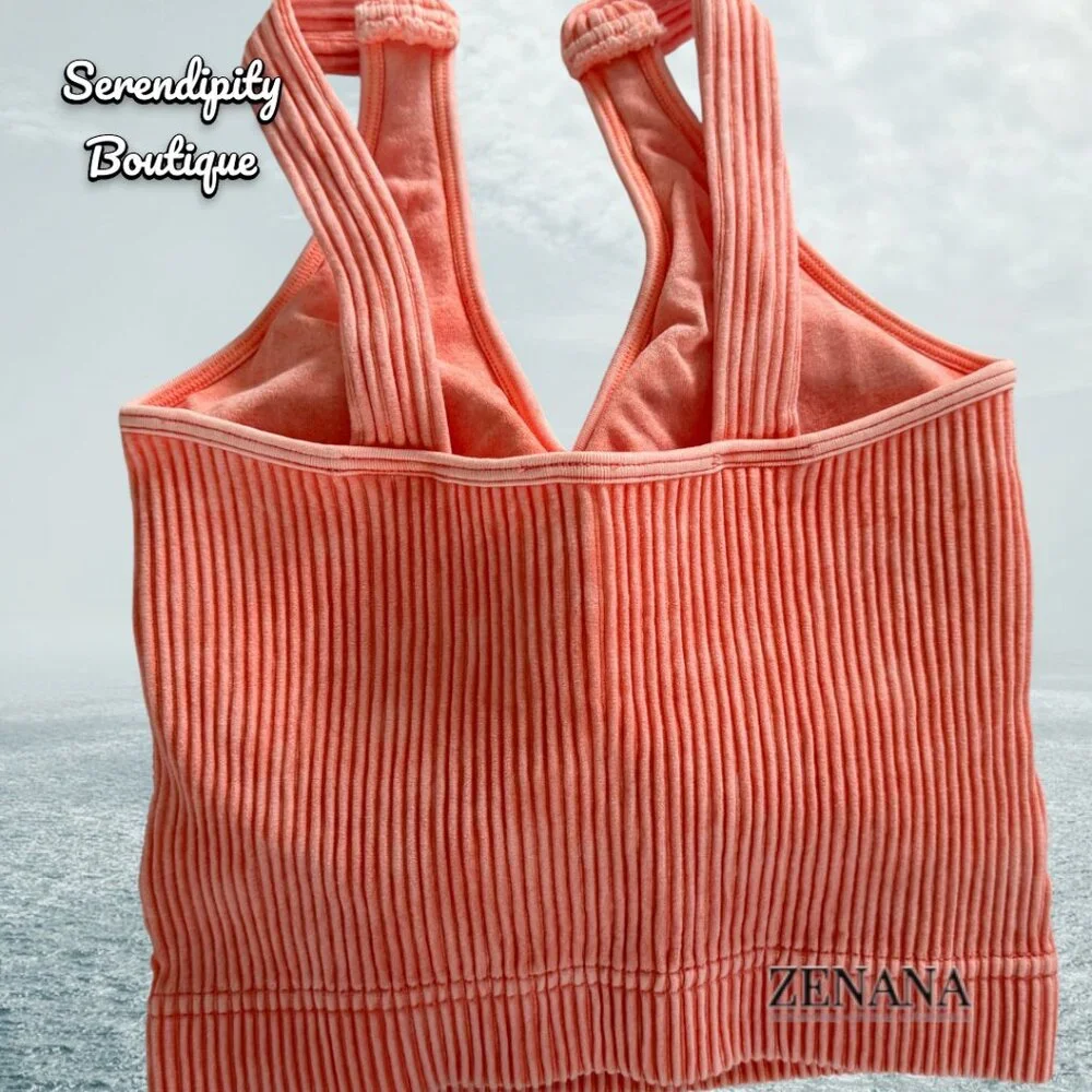 Zenana Soft Very Stretchy Coral Orange Mineral Wash V Neck Yoga Tank Bralette